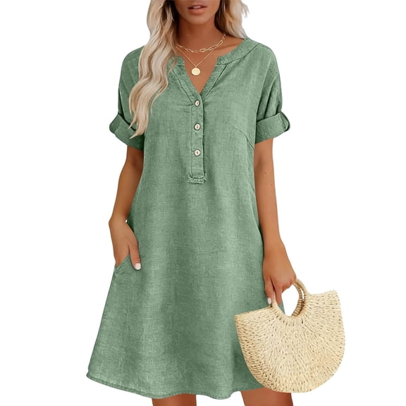 QUNYINEY Faux Cotton Linen Women Summer Dresses Casual Short Sleeve Midi A Line Dress Solid V Neck with Pockets Loose Fit Vacation Dresses