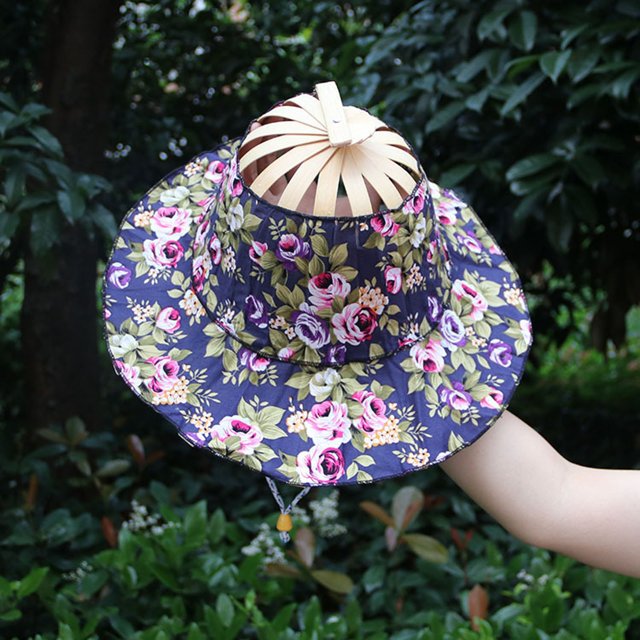 Ltdhehe Chapeau de Soleil Portable 2 en 1 Pliable avec Éventail à Main pour Femmes, Chapeau de Plage d'Été à Motif de Fleurs pour Voyage Plage