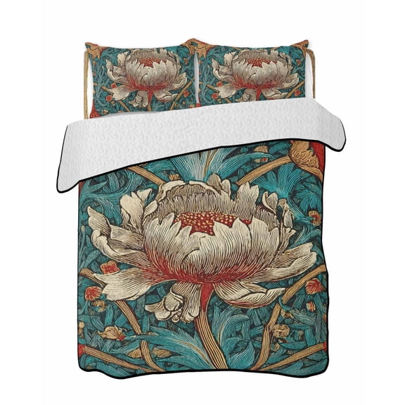 Full Size Quilt Bedding Set, William Morris Plant Floral Reversible Summer Quilt 3 Pieces, Retro Lotus Flower Leaves Lightweight Bedspreads Coverlets with 2 Pillow Shams for All Seasons
