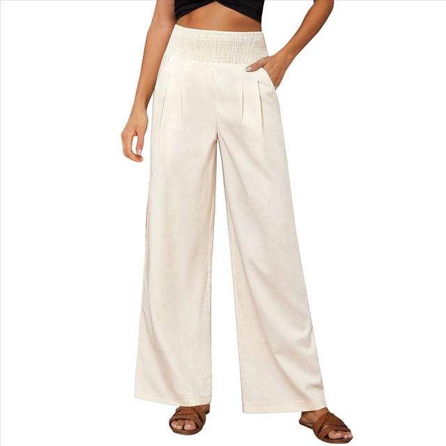 Pantalones Anchos de Cintura Alta para Mujer, Pantalones Casuales de Playa Fluidos de Verano con Bolsillos. L