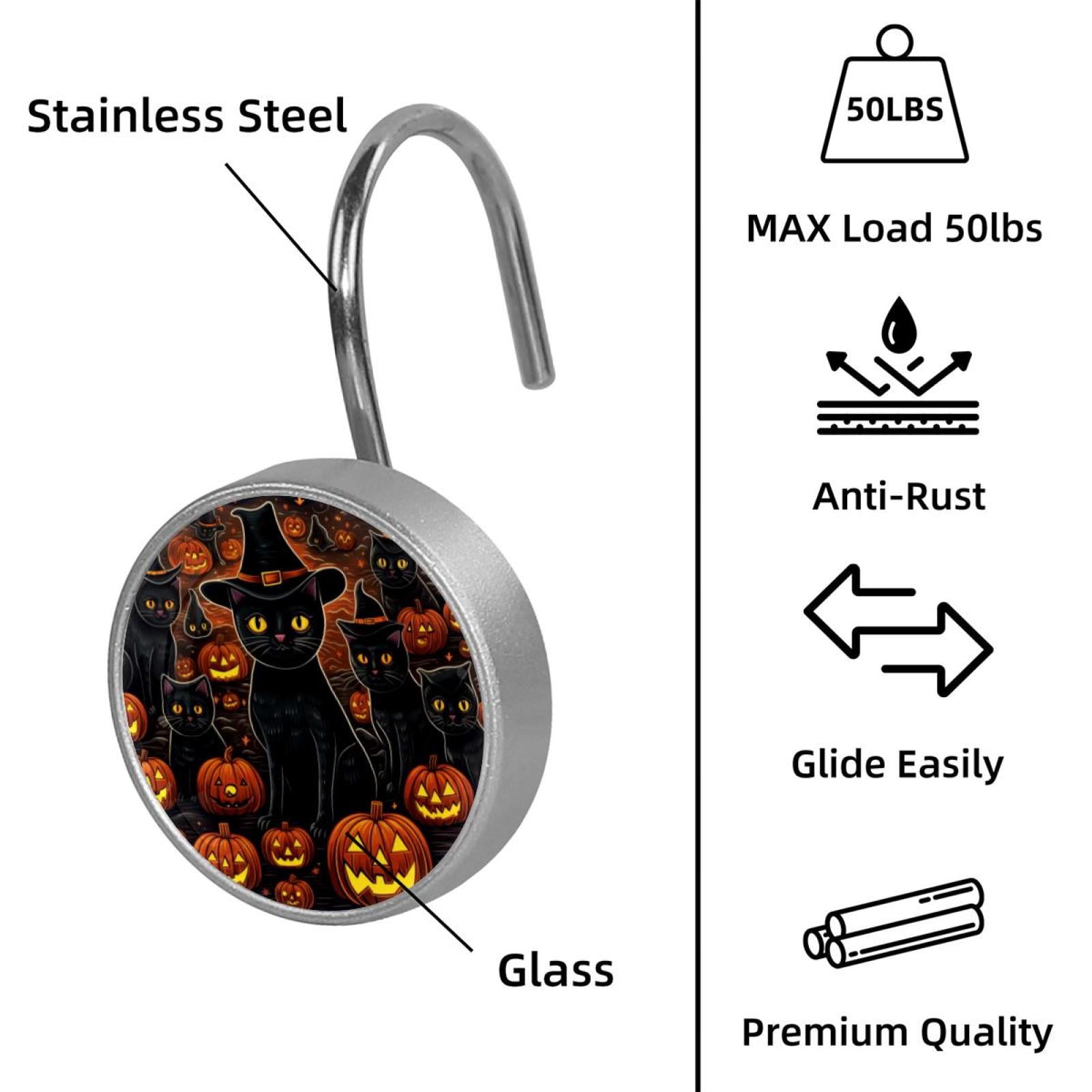 12pcs Decorative Shower Curtain Hooks, Rust Resistant Shower Rings for Bathroom Living Room,Rustproof Stainless Steel Rings for Shower Curtain and Liner Rods,Halloween Cat R