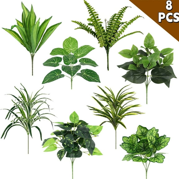 Artificial Greenery Plants 8 Bunches Faux Plastic Leaves with Stems - Outdoor Patio Garden Front Porch Balcony Living Room and Yard Decor Indoor Outdoor