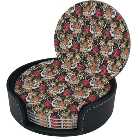 

Round Coaster Set of 6 with Holder Tiger-Face-Hipster-Rose-Floral Leather Coasters for Drinks