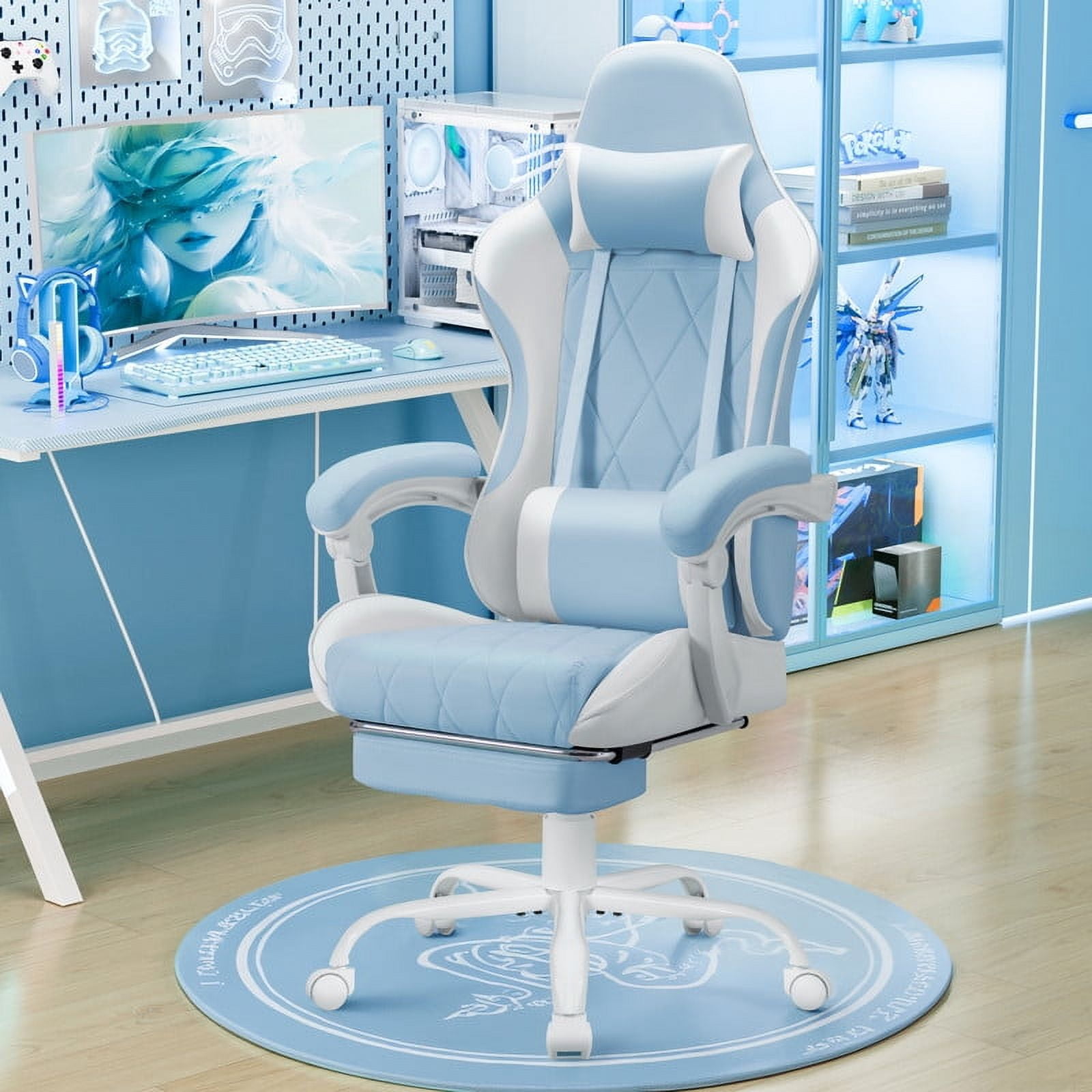 Homall Gaming Chair Massage Office Chair Computer Racing Chair High Back PU Leather Chair with Footrest, LightBlue