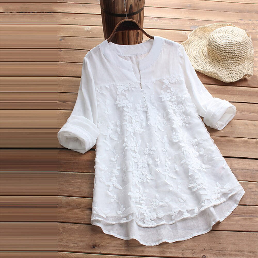 Embroidery Women's White Blouse Casual Plus Size Tops Elegant Long Sleeve Summer Autumn Floral Print Women's Shirt - Walmart.com