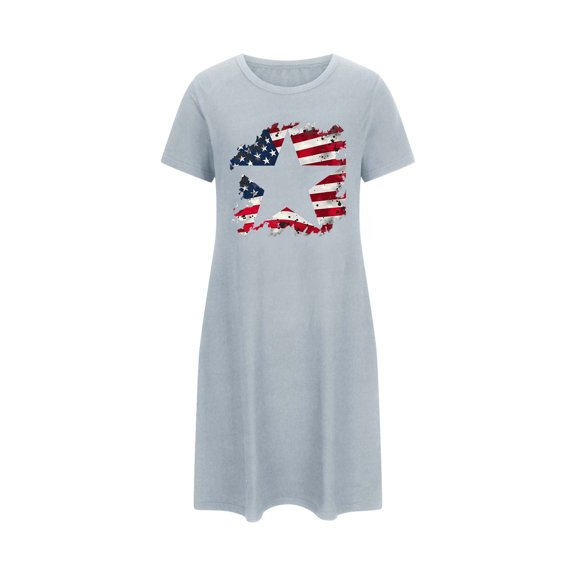 WREESH Women's Oversized T-Shirt Dress Short Nightgown Chest Print 4th of July Design Blue
