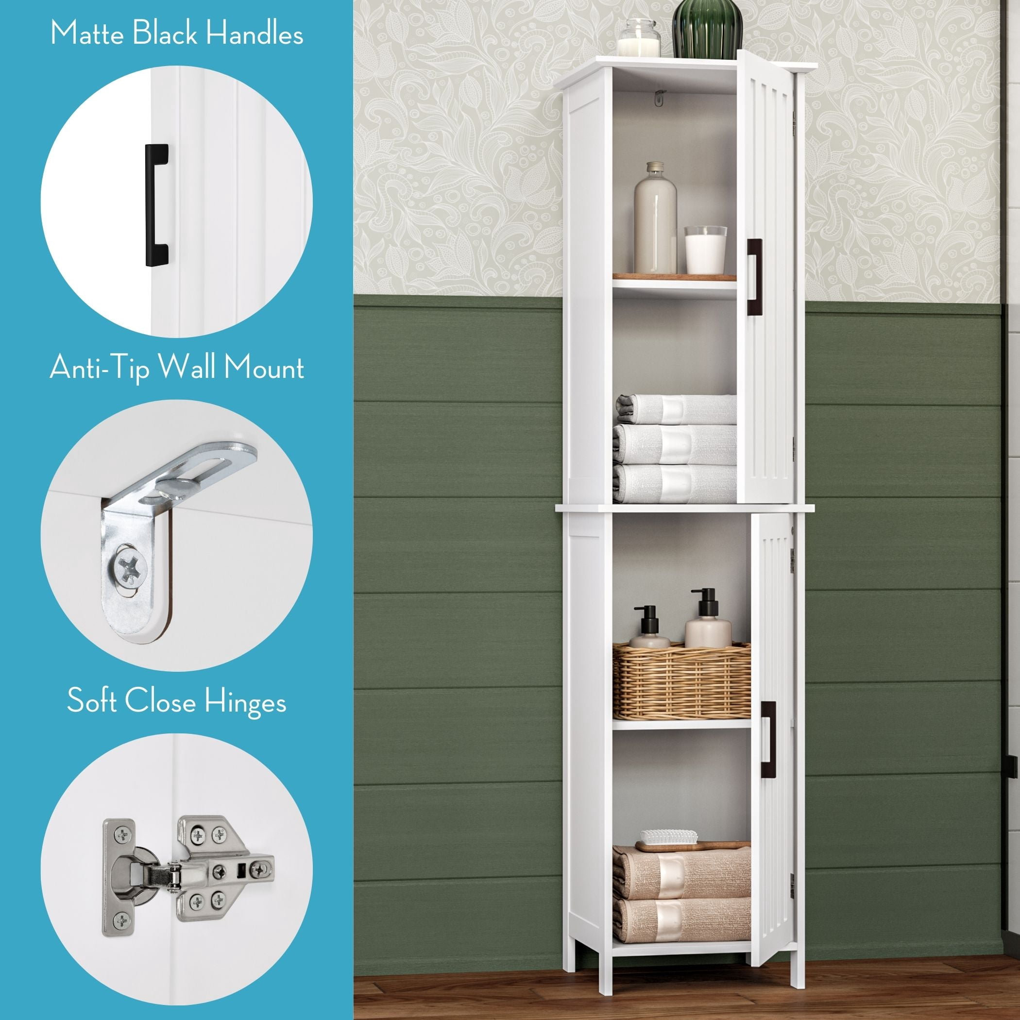 RiverRidge Monroe 2-Door Tall Bathroom Linen Storage Cabinet and Organizer Shelf - White