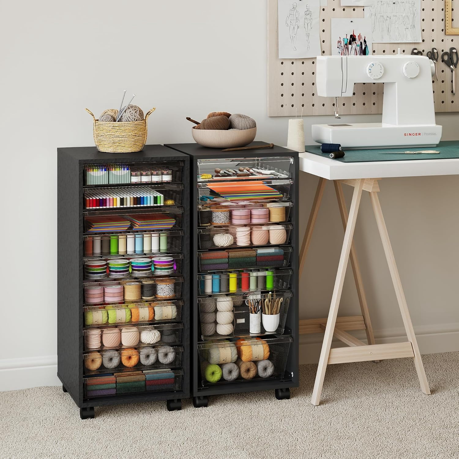 Wood  Storage Drawer Cart, Makeup Organizer and Storage with 10 Large Clear Drawers, Black