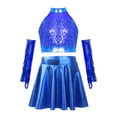 thumbnail image 3 of Doomiva Girls Jazz Latin Dance Outfits Sequin Crop Top with Metallic Skirt Gloves Ballroom Dancewear Blue 10, 3 of 7