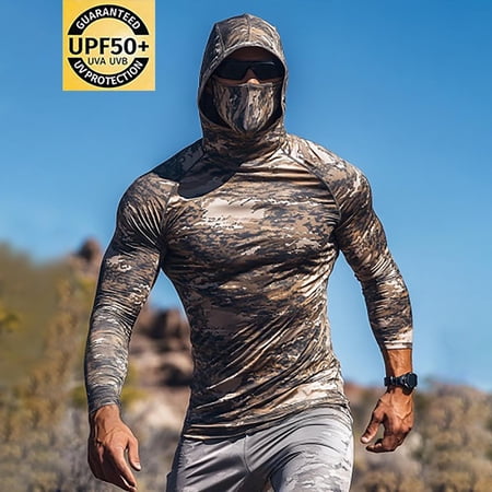 Ceisia Men Desert Camo Print UPF50 Sun Protection Hooded Long Sleeve Fishing Shirt Built In Full Face Gaiter Thumb Cuffs Lightweight Breathable Outdoor Skin Top (Camouflage XXL) Father s Day Gift