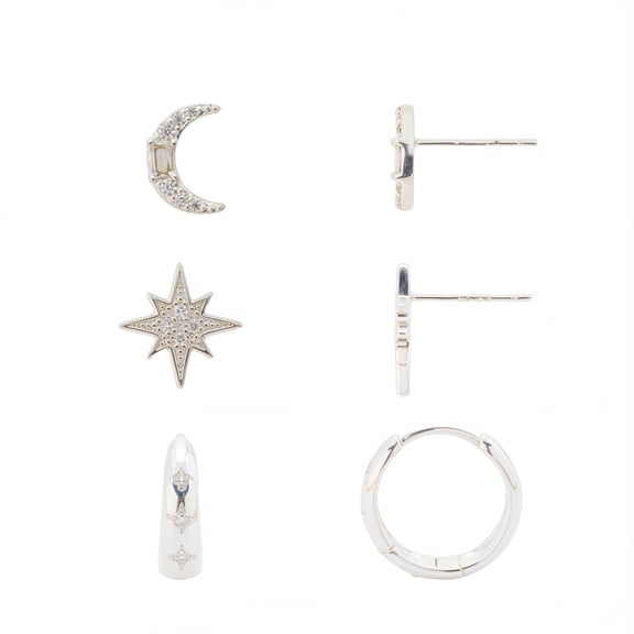 Believe by Brilliance Women's Fine Silver Plated Celestial Trio Earring Set
