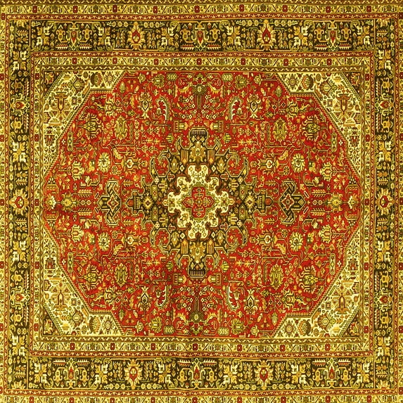 Ahgly Company Machine Washable Indoor Square Medallion Yellow Traditional Area Rugs, 7' Square
