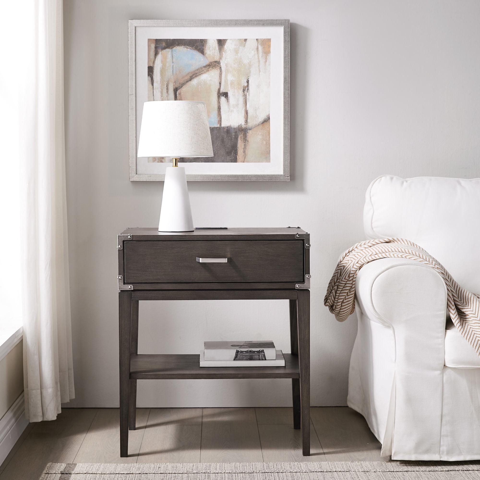 Beckett Nightstand Side Table One Drawer Rustic – Fast Charging Station, A/C and USB Charging Port Integrated – Durable Solid Wood – Living Room, Bedroom, Office, Anthracite/Pewter – Leick Home, 24022