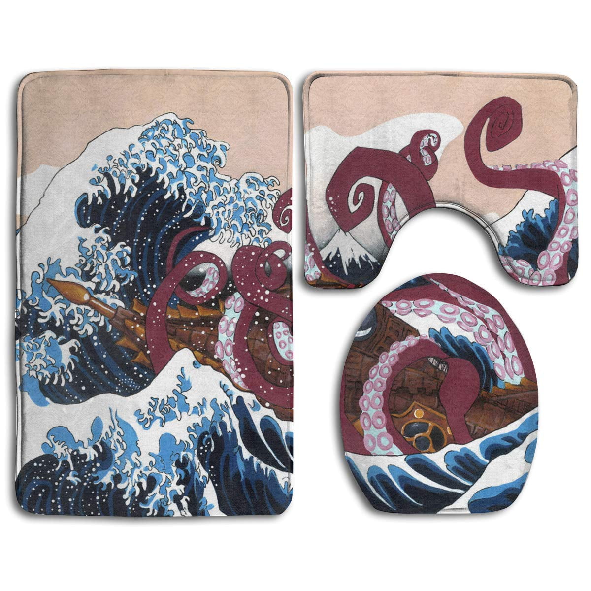 GOHAO Wave Off Kanagawa A Kraken 3 Piece Bathroom Rugs Set Bath Rug