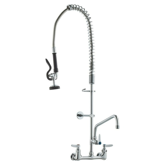 36" Commercial Faucet with Pre-Rinse Sprayer - 8" Center Wall-Mount for 1/2/3 Compartment Sinks - Brass Construction, 1.42GPM High-Pressure Spray & Dual Temperature Control