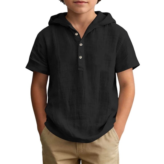 FSYBOA Boys Cotton Linen T Shirt Size 10-12T, Hooded Casual Short Sleeve Henley Neck Kids Summer Tops Black