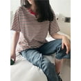 thumbnail image 3 of Amazingfashion Womens T-shirt, Casual Retro Hit Color Stripes All-match Thin Short-sleeved Leisure Tops, 3 of 4