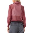 thumbnail image 3 of INSPIRE CHIC Women's Button-Front Point Collar Mesh Sheer Long Sleeve Shirt Tops L Burgundy, 3 of 6