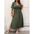 thumbnail image 4 of Plus Size Womens Army Green Solid V-Neck Wrap Short Sleeve Midi Dress, 4 of 6