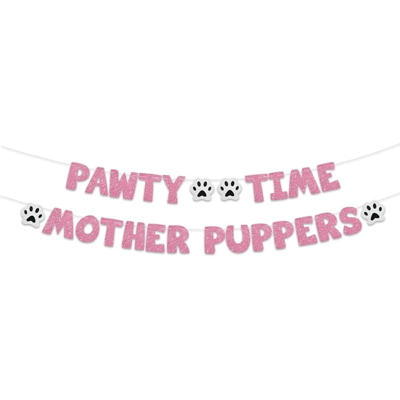 Glitter Pink Pawty Time Mother Puppers Banner - NO DIY - The Pet Birthday Banner - Puppy Birthday Decorations，Cute Cat/Dog Bday Party Supplies，Dog Paw Party Bunting Sign