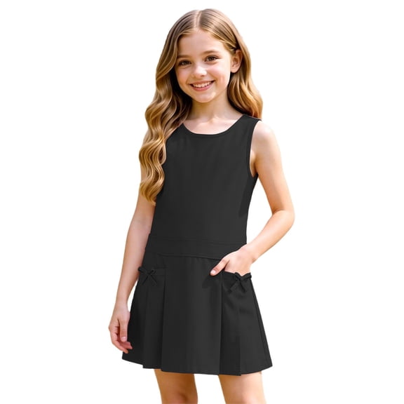 WOYY Girls School Jumper Dress Preppy Sleeveless Pinafore Dress with Pockets, Black, Sizes 3-12