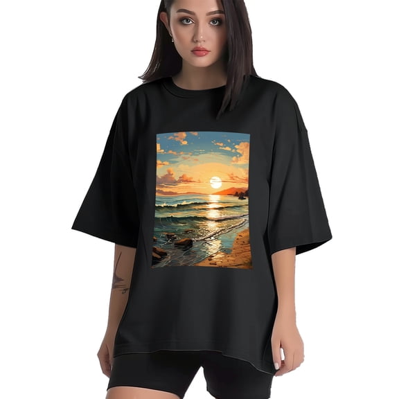 Plus Size Shirt for Women Black Tops for Women Short Sleeves Shirt for Women Seaside (12) T Shirt Crewneck Shirt for Women XS