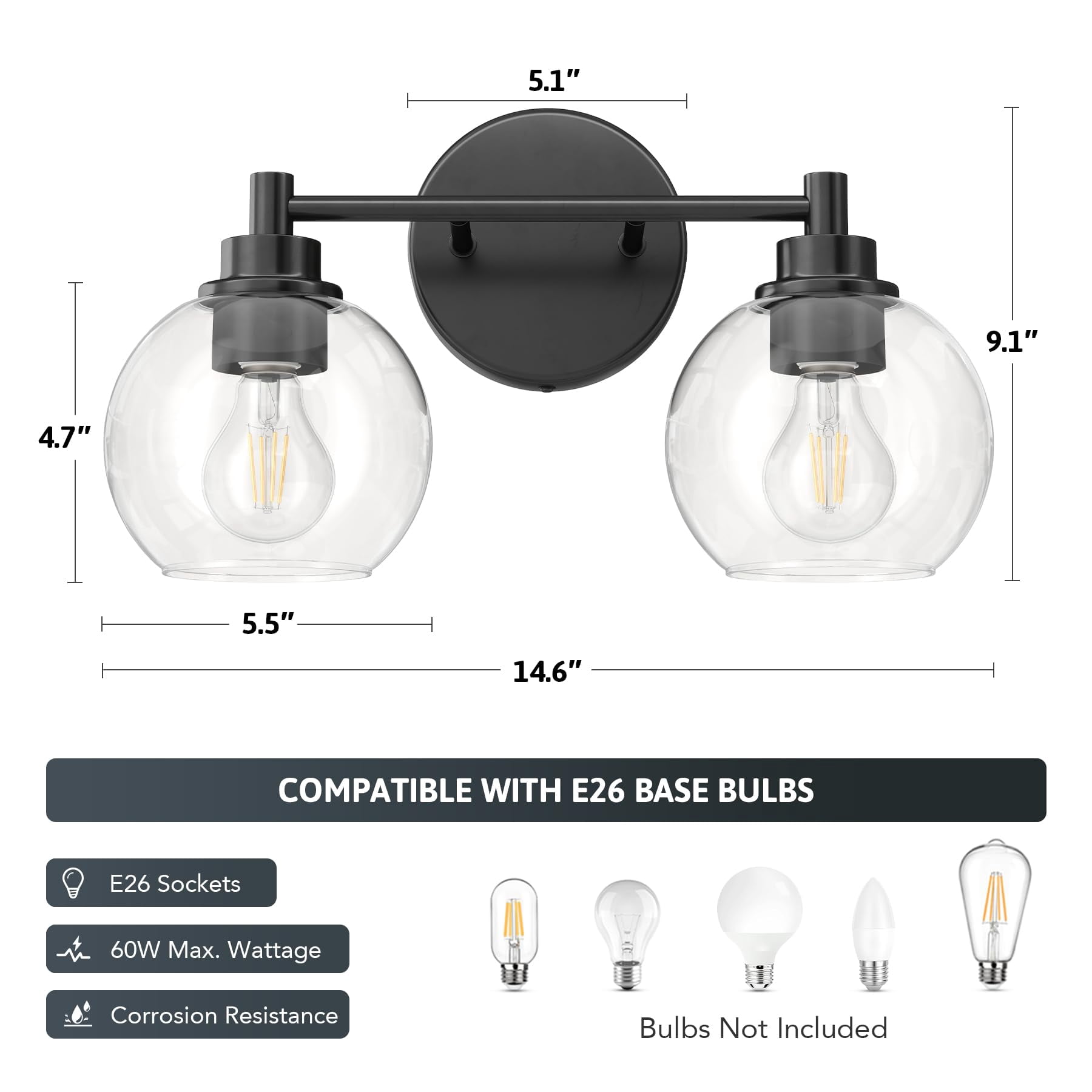 Bathroom Light Fixtures  2-light Vanity With Globe Glass Shades E26 Sockets Lights For Bedroom Hallway Living Room Black Finish