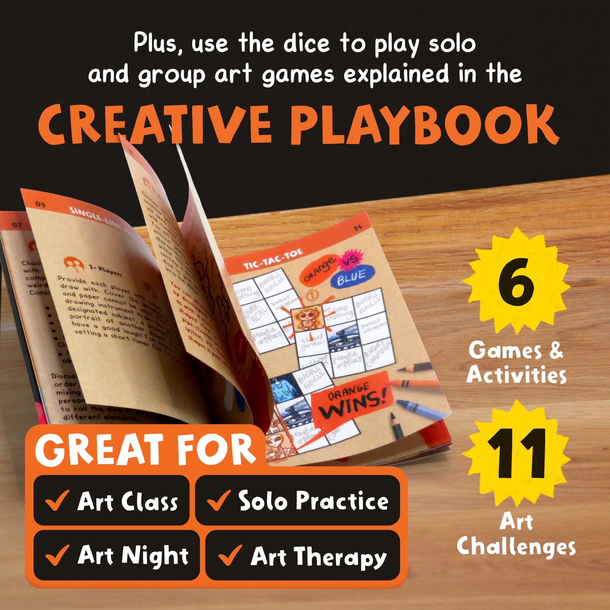 Insplore Art Dice – 12-Sided Wooden Dice with 120 Prompts to Help You Decide What to Draw or Paint – Creative Playbook with Games and Activities – Fun, Inspiring Gift for Artists of All Levels