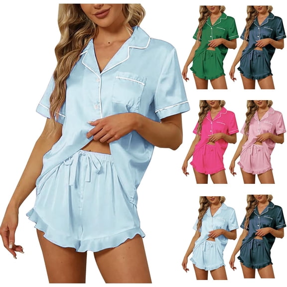 Womens Satin Pajama Set Shorts and Top Summer Sleepwear Button Up Comfortable Lounge Wear
