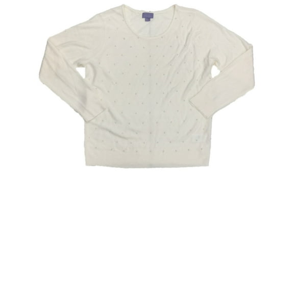 Womens Eggshell White Knit Pearl Embellished Sweater Casual Dress Pullover