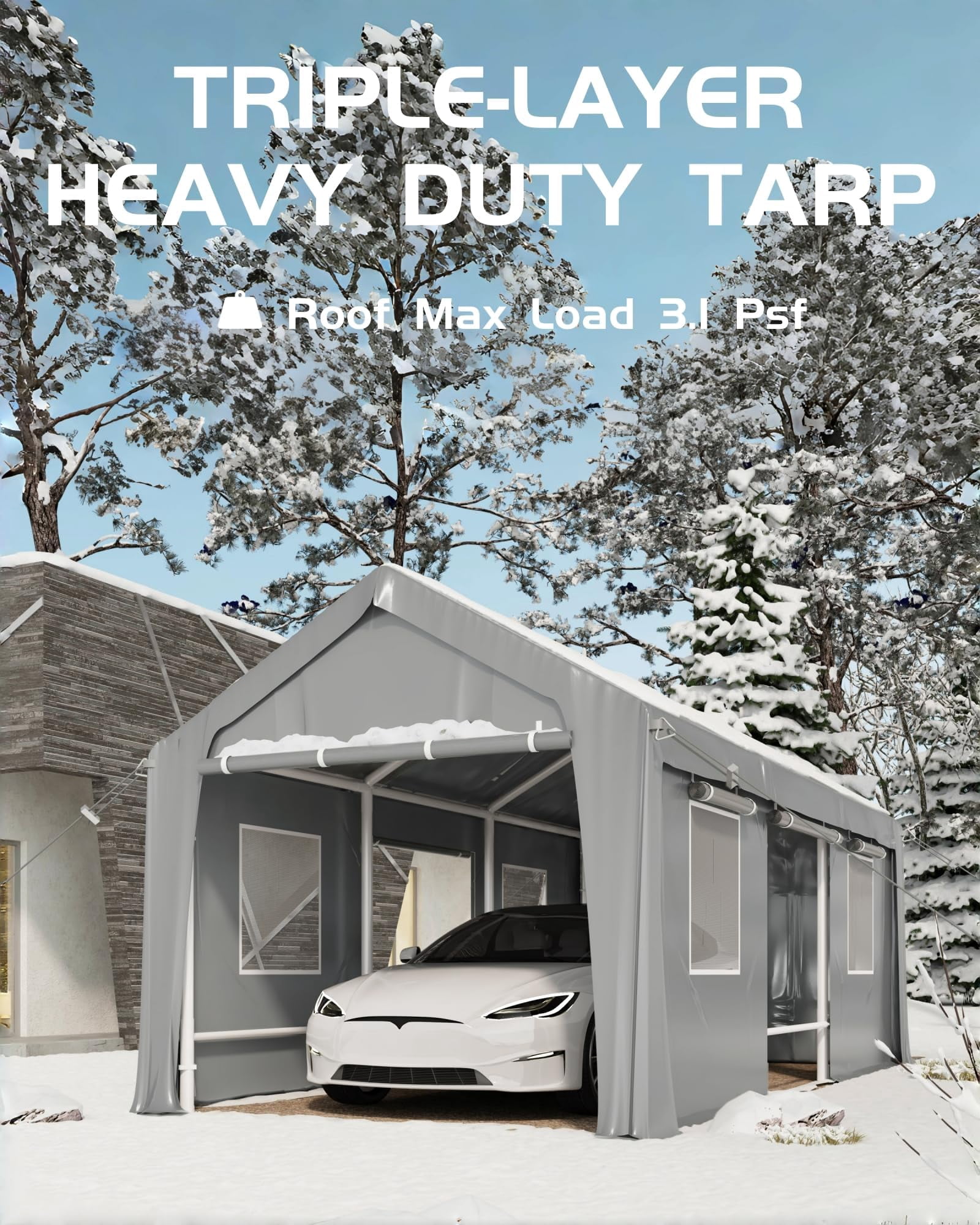 Waterproof Heavy Duty Carport Canopy, UV Resistant Multi-Use Outdoor Storage Garage Party Tent, Grey, 4x6M