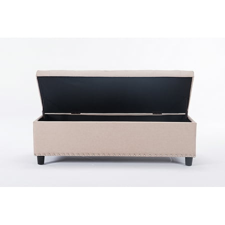 - 48 inch Rectangular Storage Linen Ottoman Bench Tufted Footrest Lift Top: Beige Color