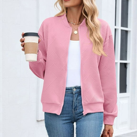 Uootdi Women's Textured Bomber Jacket Casual Zip-Up Long Sleeve Lightweight Quilted Coat Multiple Colors for Spring Fall Pink Women Top