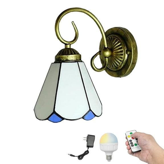 Kiven Battery Operated Wall Sconces, Tiffany Style Wall Lights with Rechargeable LED bulb and Glass Shade,Dimmable Wall Lighting Fixtures for Painting Bedroom Hallway(1 Light)