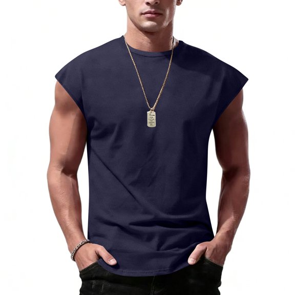 Mens Sleeveless Shirts Cotton Workout Tank Tops Cut Off Shirts Gym Muscle Loose Fit Tee Blue 2XL
