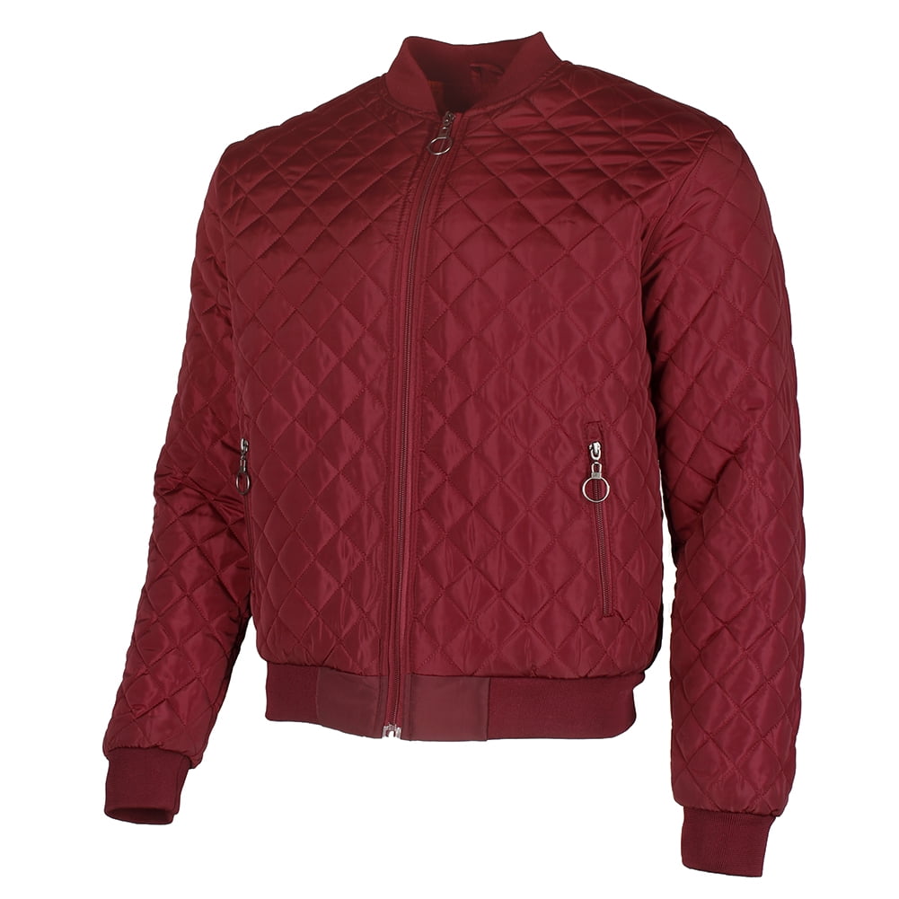 red quilted bomber jacket