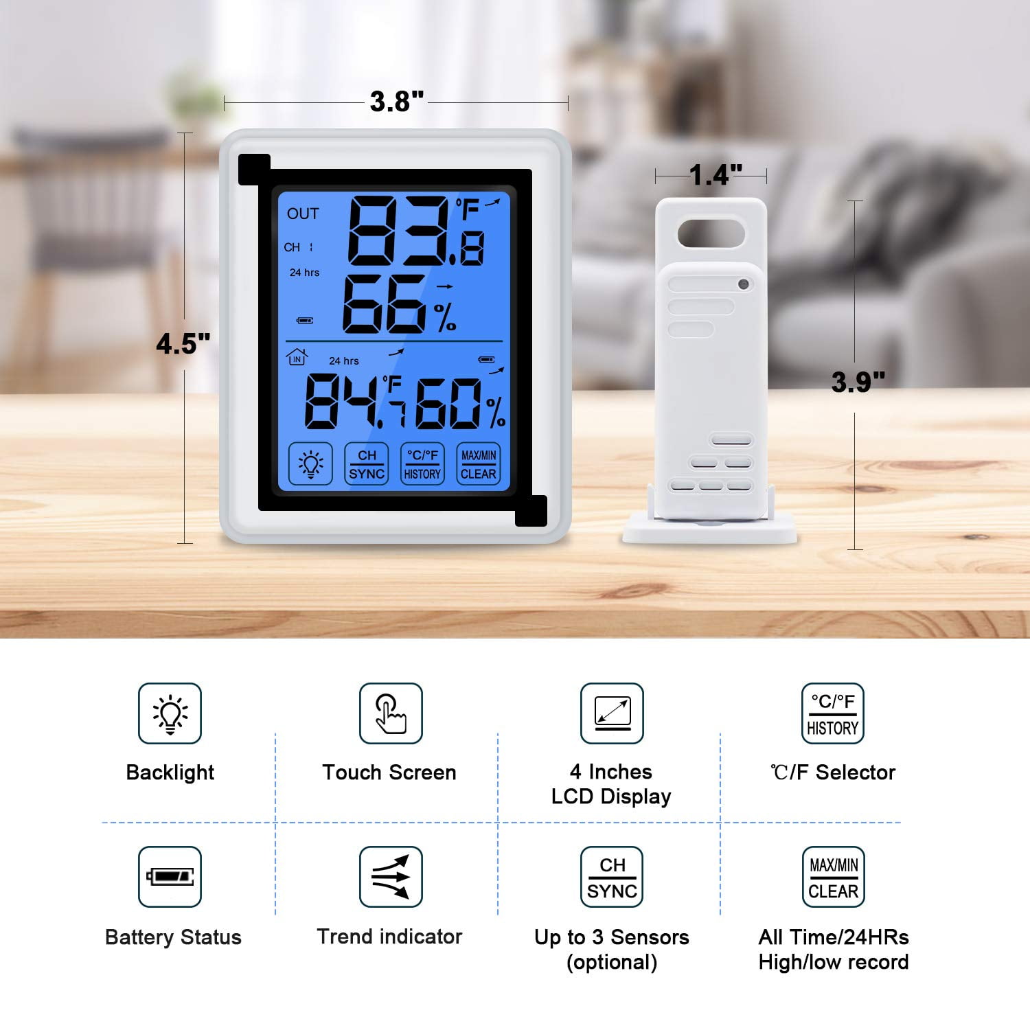 Indoor Outdoor Thermometer Wireless, 4.5 Inch Display Digital Hygrometer  Therm