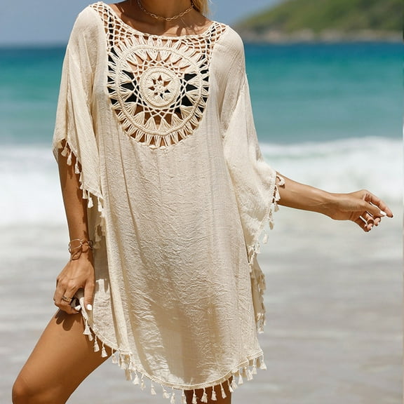 Rigardu swimsuit coverups for women Womens Solid Color Patchwork Beach Dress Small Tassel Shortbeach Coverup cover ups for swimwear women Beige One size