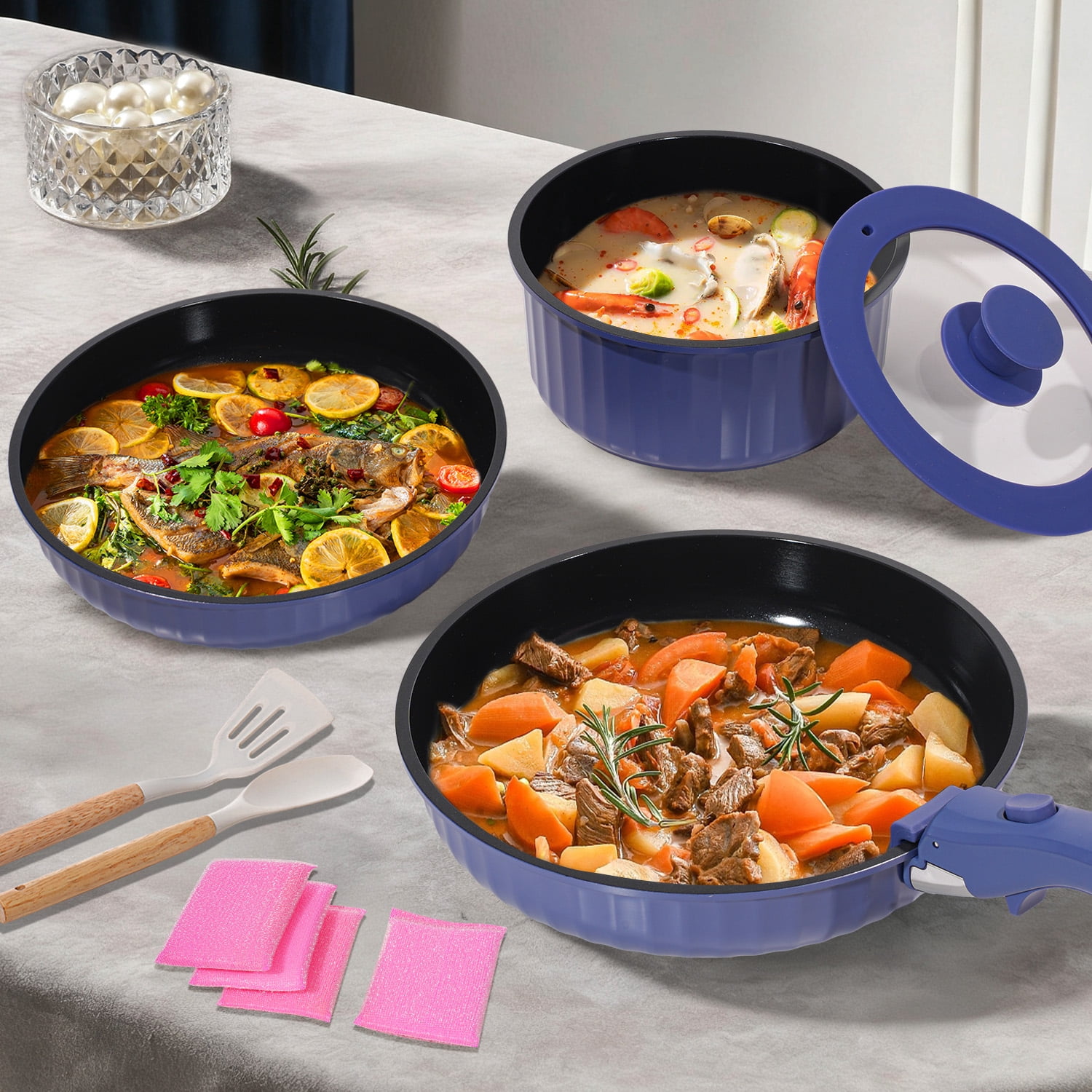 Vivicreate 11-Piece Nonstick Aluminum Pots and Pans Set with Removable Handle, Granite-Inspired Cookware, Induction Compatible, Stackable Design