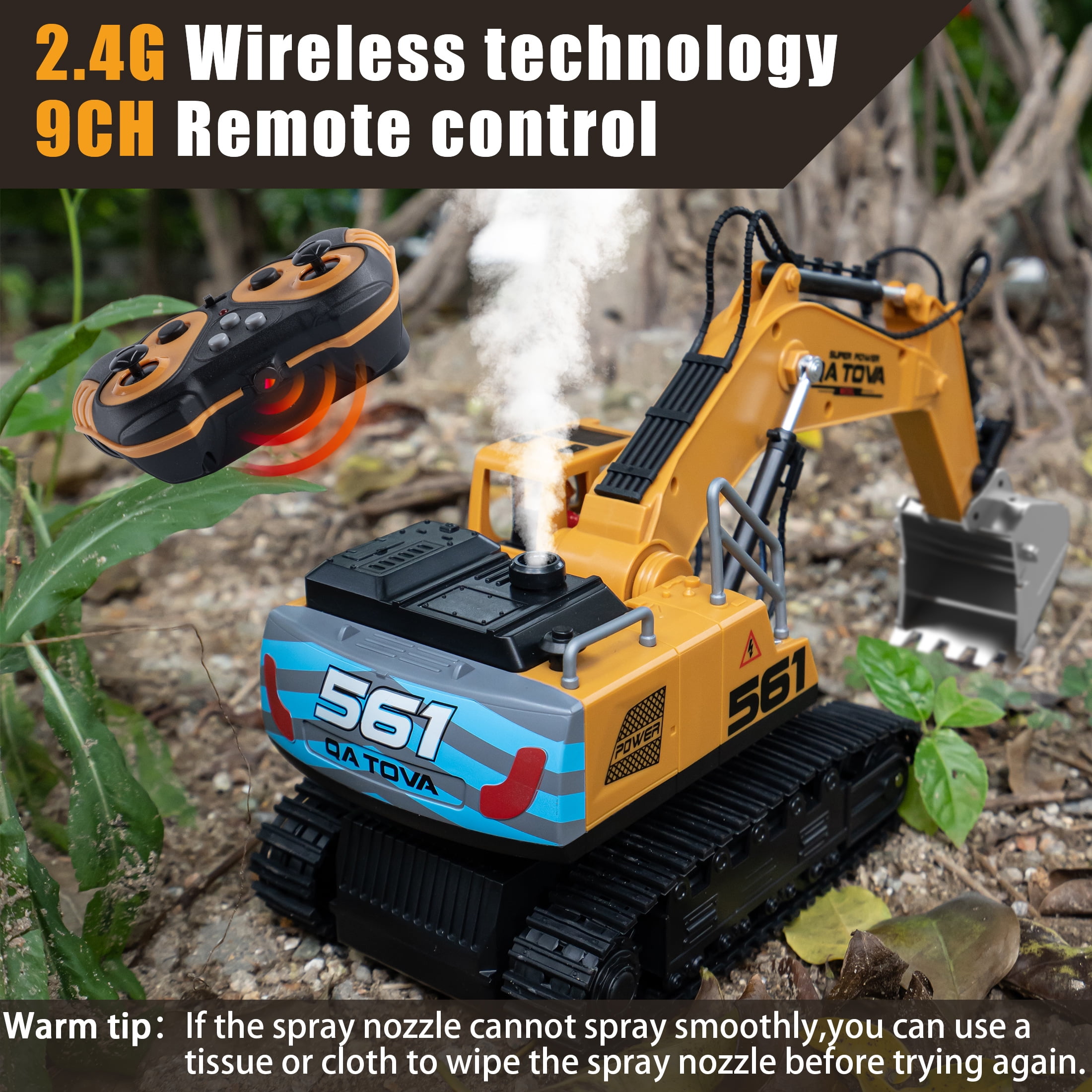 Remote Control Excavator Toys for Boys- Movable Claw Digger Trucks with Spray & LED, 11 Channel 2.4GHz Full Function Remote Control Crane for 6-12 Year Old Kids Christmas Birthday Gift