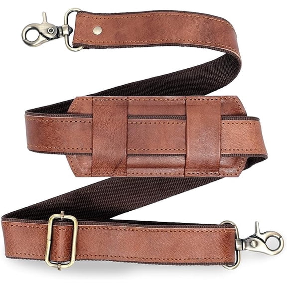Adjustable 60-inch Real Leather Bag Replacement Shoulder Strap Comfort Fit Padded with Metal Swivel Hooks for Crossbody Purses, Laptop Messenger Bags, Handbags and Duffle Luggage Straps (Brown)