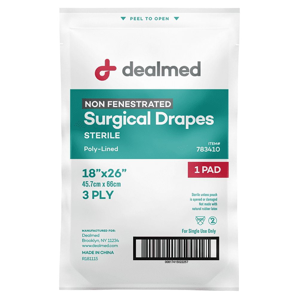 Dealmed Non-Fenestrated Surgical Drapes | Sterile 3-Ply 18" X 26" Poly-Lined Medical Sheets, Disposable Drapes for Surgical Procedures (Box of 50)