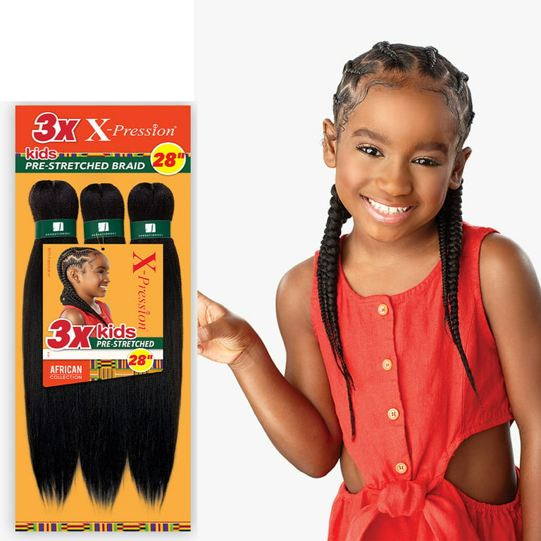 Sensationnel African Collection Kids Jumbo Braid Pre Stretched X Pression  Hair 3x 28 ( 1B Off Black 3 Packs )