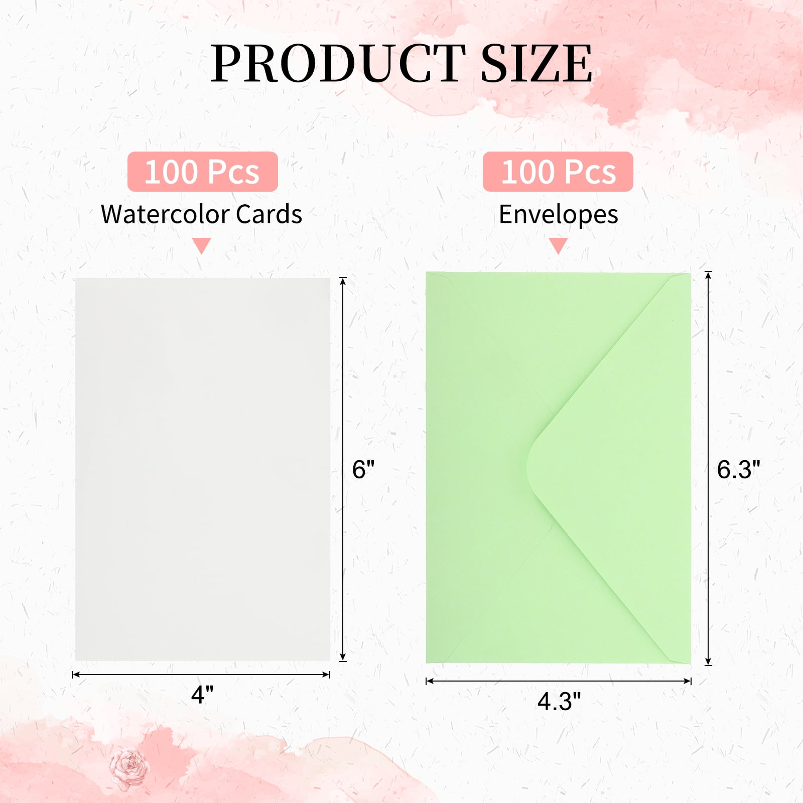 4x6 Inch Pure Cotton Watercolor Cards, 100 Sets Postcards with Envelopes 92lb/250 GSM for Art Painting Creative Thank Notes, Green