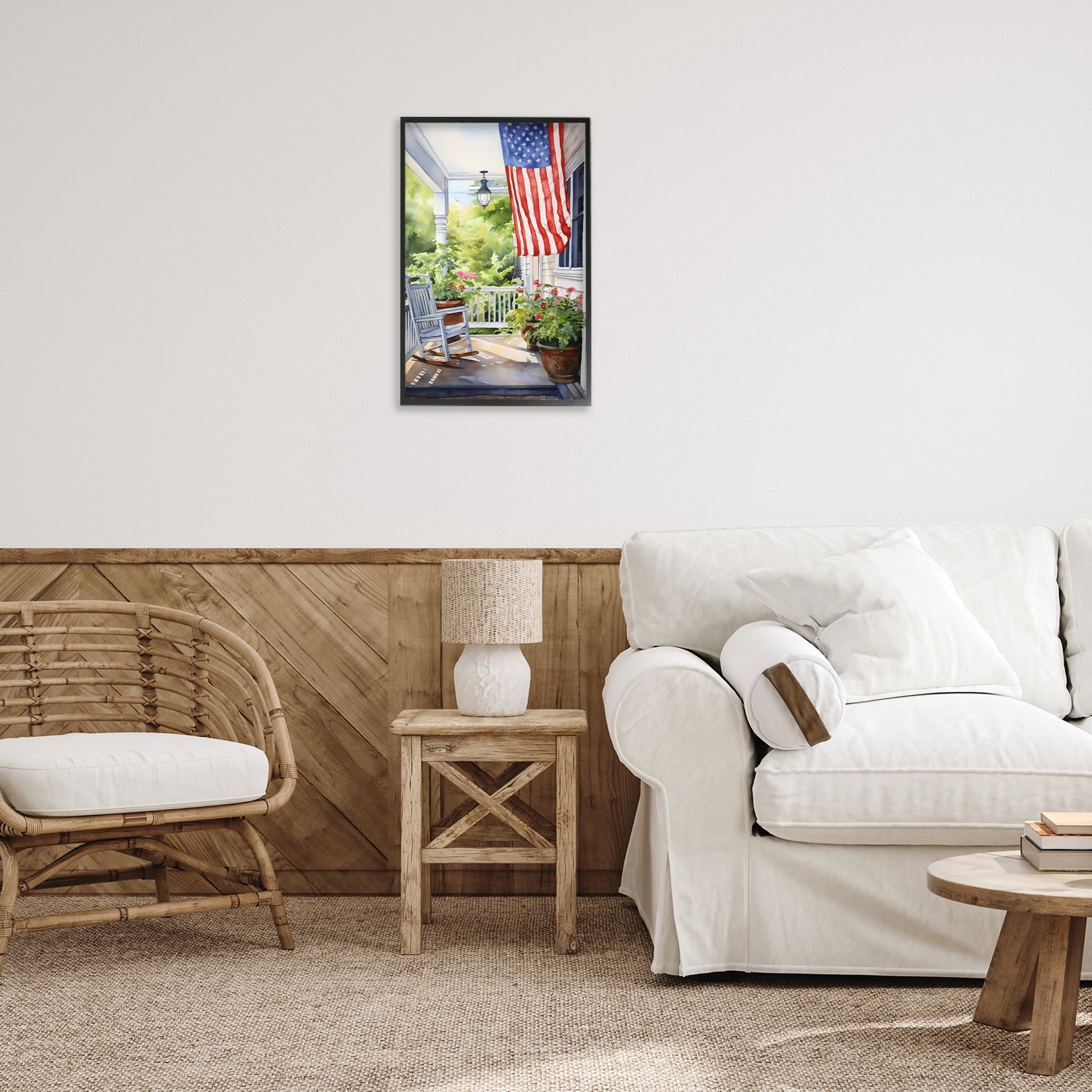 Stupell Industries Patriotic Summer Porch Scenery Painting Black Framed Art Print Wall Art, 16 x 24