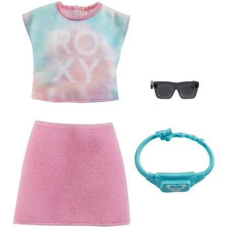 ​Barbie Doll Clothes Inspired By Roxy, Complete Look with 2 Accessories, Tie-Dye Roxy T-Shirt, Pink Skirt, Fanny Pack & Sunglasses, Gift for Kids 3 to 8 Years Old