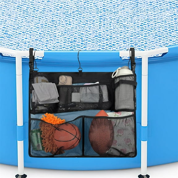 Tutuviw Above Ground Pool Storage Bag Pool Hanging Bag with Mesh Pockets Cup Holder for Most Above Ground Pools Pool Storage Organizer Pool Toys(Black,Excluding Other Items)