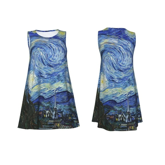 Horeoi The Starry Night Print Women's Sleeveless Dress Cotton-like Flared Hem Deep Side Pockets Above-Knee