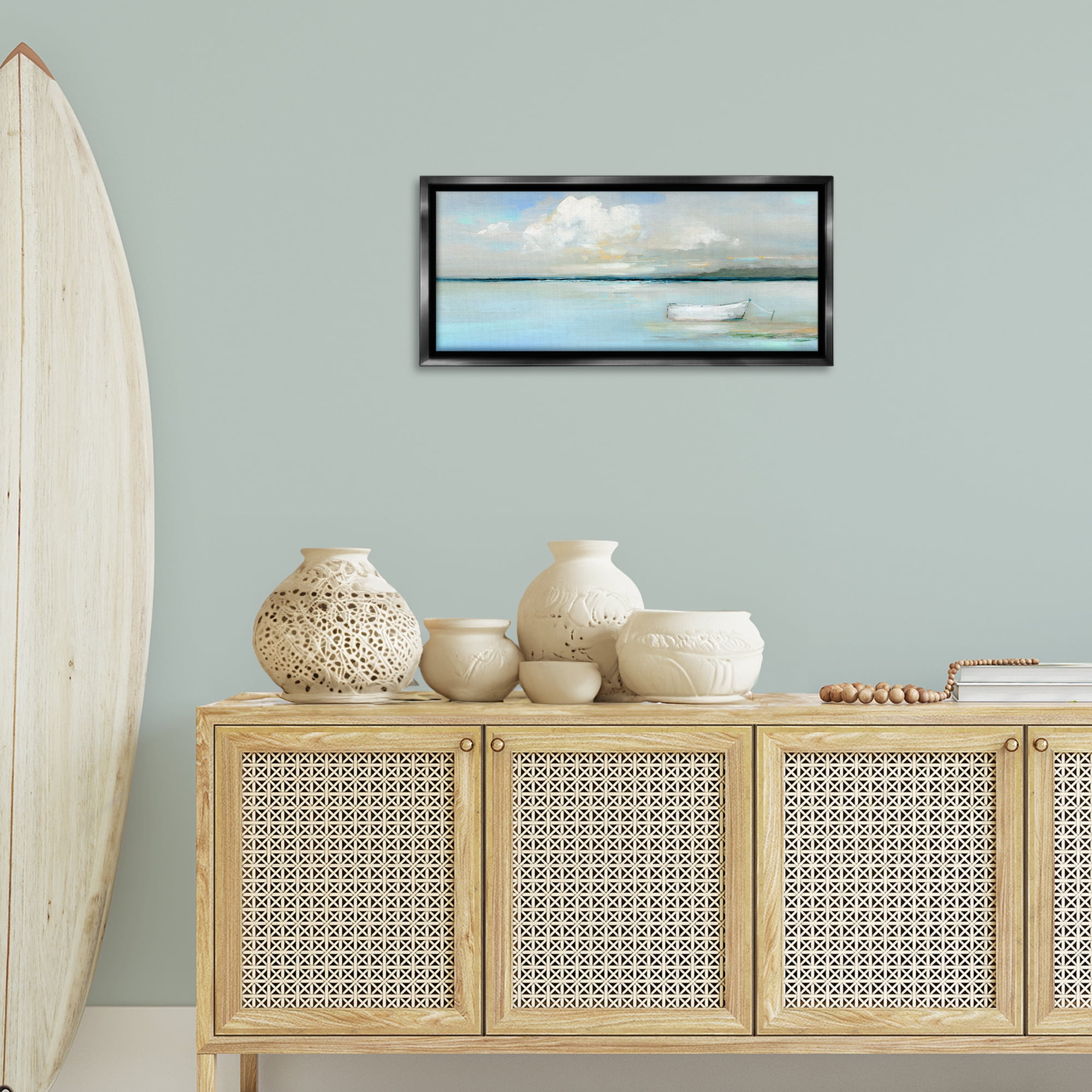 Stupell Industries Quiet Boat Docked Landscape Painting Black Floater Framed Canvas Art Print Wall Art, 31 x 14