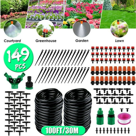 100ft Misting & Drip Irrigation System Plant Garden Watering Hose Spray Outdoor,Outdoor Mister System For Garden Trampoline Greenhouse